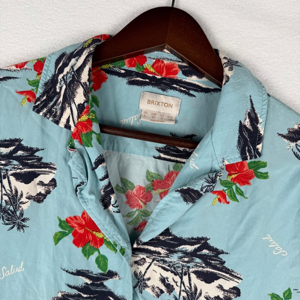 Brixton Salud Tropical Hibiscus Print Button Front Camp Shirt Blue Womens L